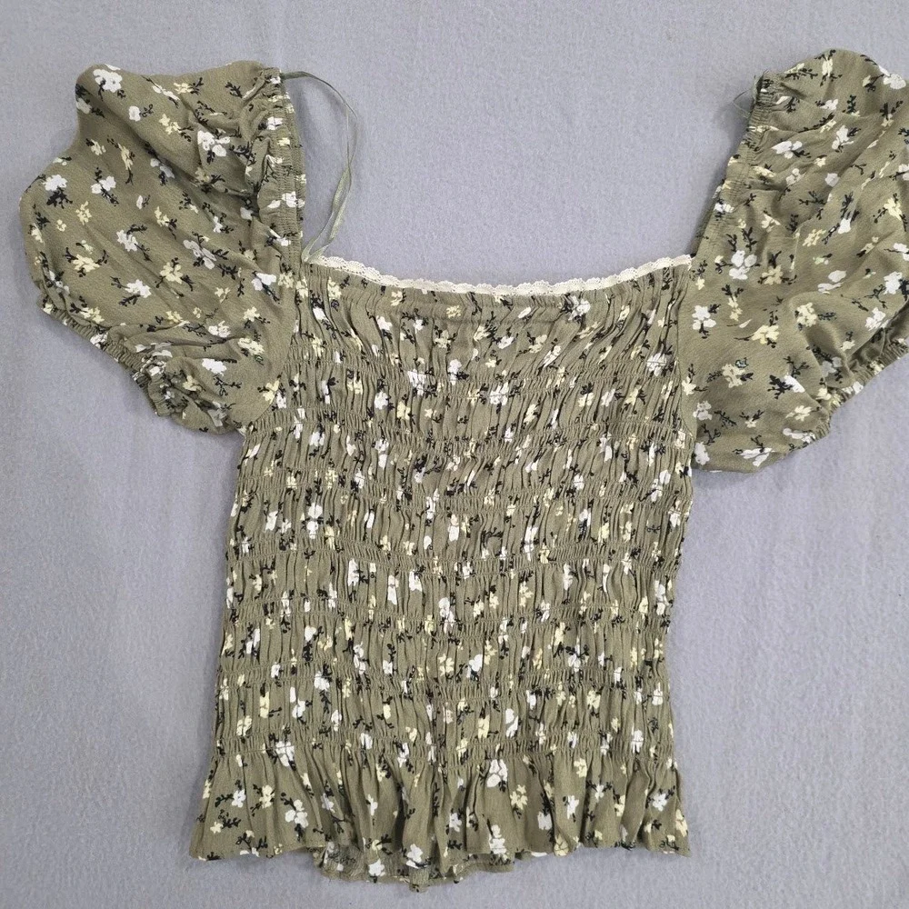 Zara Floral Smocked Puff Sleeve Top Olive Green Lace Trim Cottagecore Boho XS